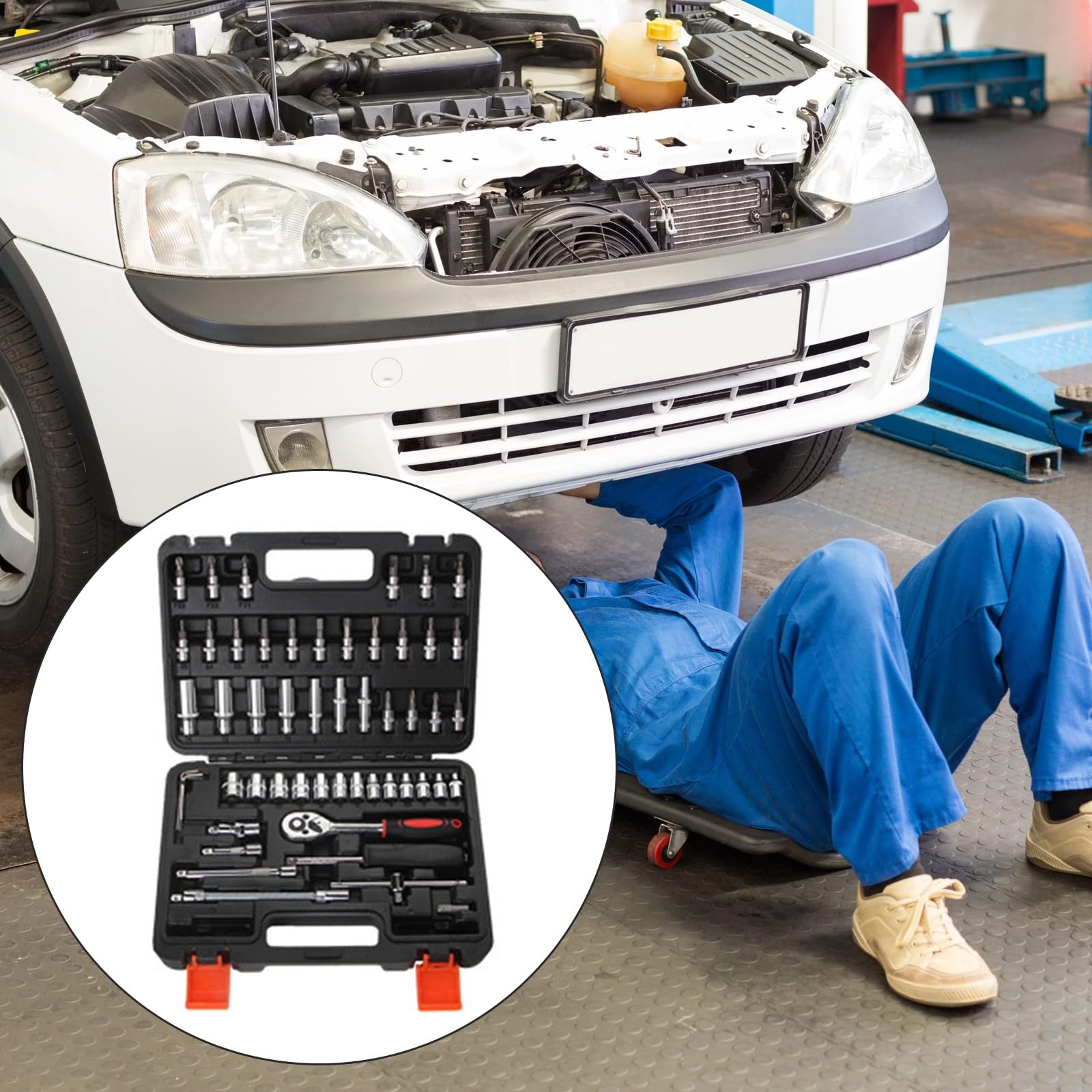Zestaw narzędzi mechanicznych 53-częściowy zestaw kluczy nasadowych do napraw samochodów i projektów rzemieślniczych z precyzyjnym kluczem dynamometrycznym i torbą do przenoszenia