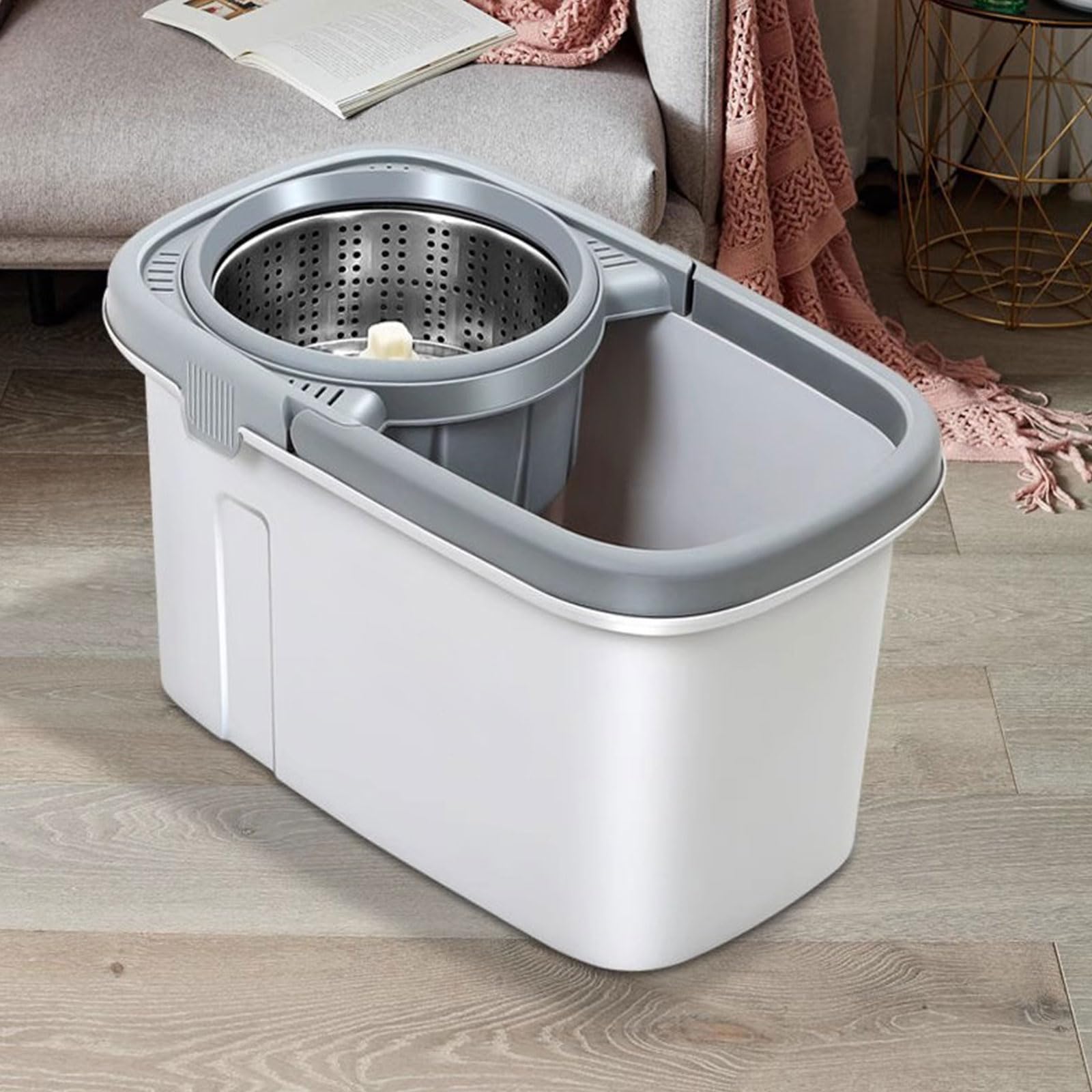 Juego de fregona giratoria y Cubo con escurridor, Cabezal de fregona Giratorio de 360° con 5 recambios de fregona de Microfibra y Mango de Acero Inoxidable,Gris