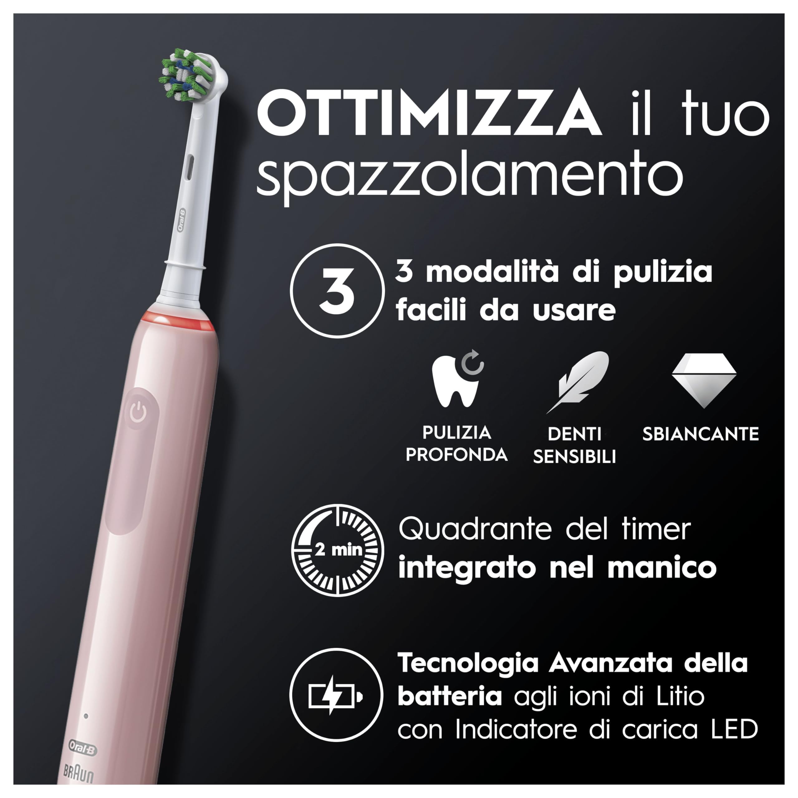 Oral-B Spazzolino Elettrico Ricaricabile Pro Series 3, Sensore di Pressione Luminoso, Batteria a Lunga Durata, 2 Testine, 1 Spazzolino Elettrico, 1 Custodia Viaggio, Rosa, Idea Regalo