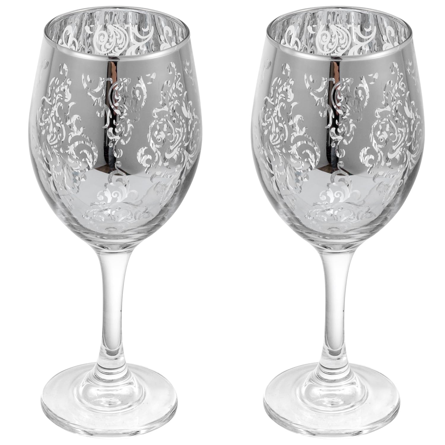 MyGift 10 oz Stemmed Wine Glass Glassware Duo with Silver Mirror Finish Etched in Baroque Pattern, Elegant Wine Drinking Glasses for Dinner Party or Wedding, Set of 2