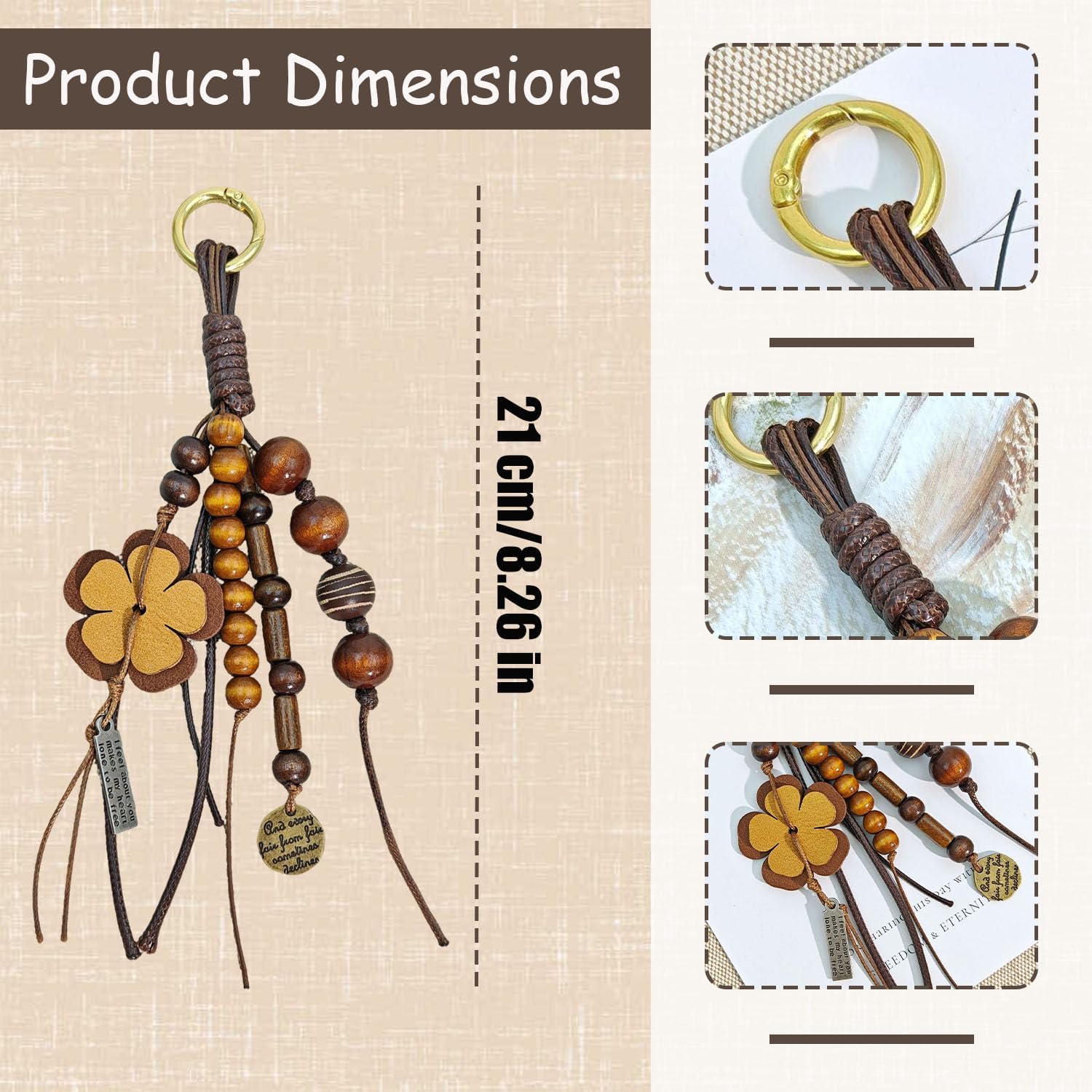 Natural Bodhi Wood Beaded Bag Keyring Hand-Woven Cowhide Lanyard with Wish Seeds Purse Charm Key Chain Pendant - Image 3