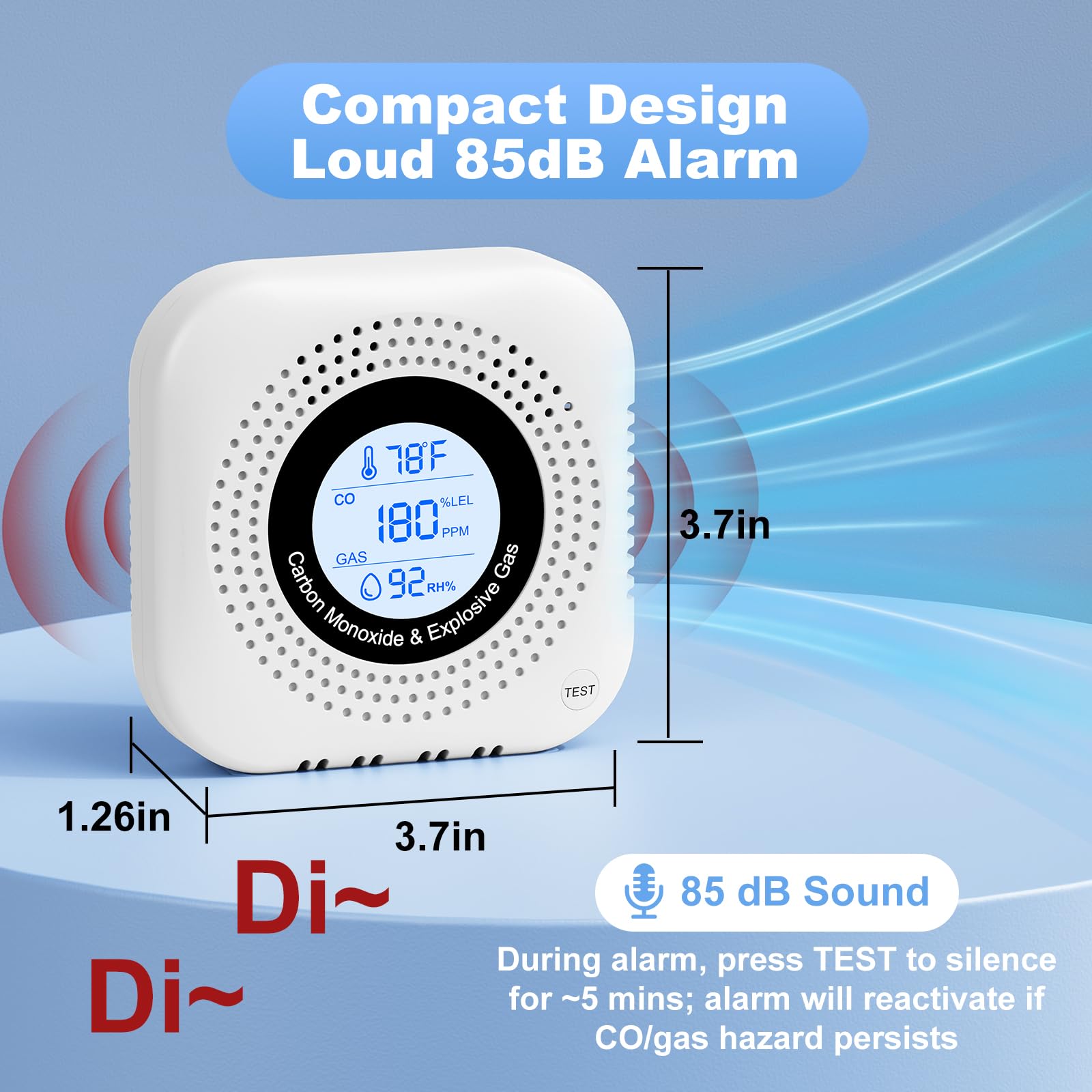 Detector de monóxido de carbono 4 en 1 Plug in - Detector de gas con pantalla de temperatura y humedad - Estándar en 50291 - Alarma 85 DB - Blanco