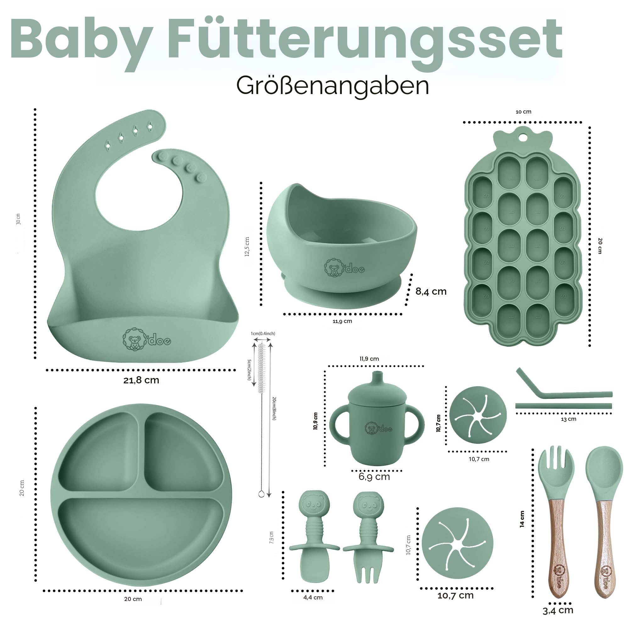 O'doe Baby Entwöhnungsset - 15-teiliges Silikon-Fütterungsset mit Saugnapf, Schüssel, Lätzchen, Schnabeltasse, Obst-Futterspender, Gefriertablett
