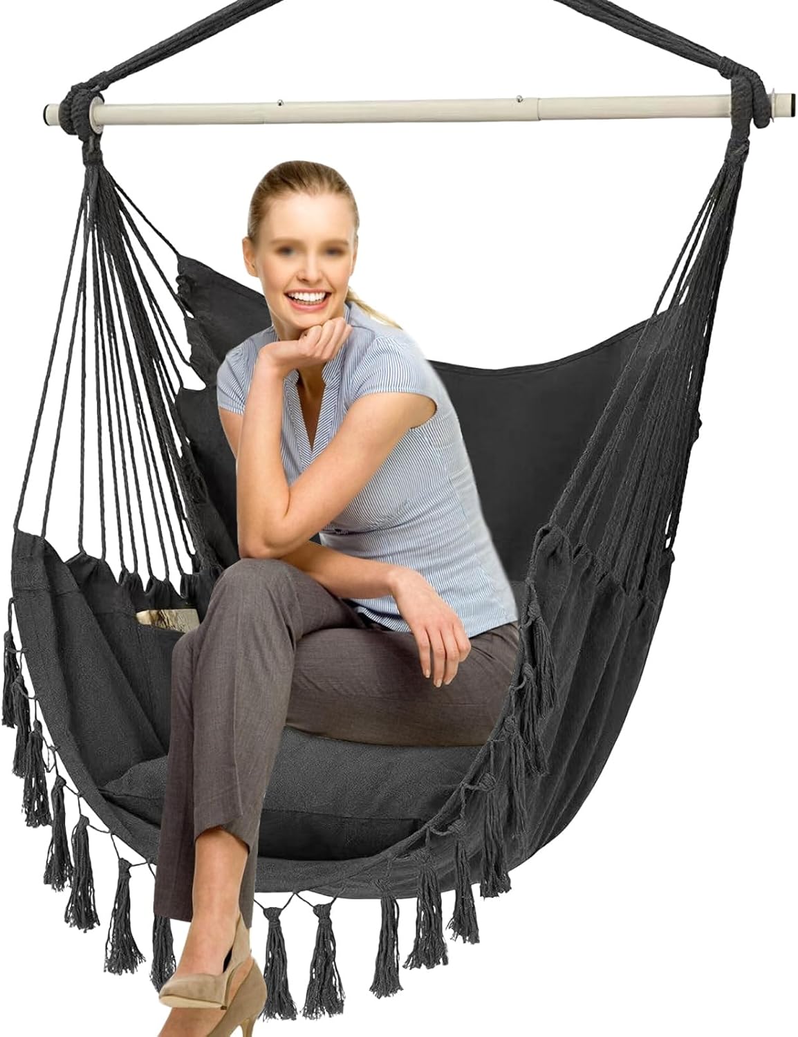 Hammock Chair,Hanging Swing Rope Swing Seat,Max 300 Lbs Side Pocket Tassel Sloft Bed Accessories,Suitable for Indoor and Outdoor Patios Yard (Dark Gray)