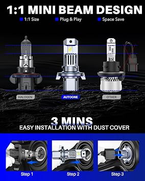 AUTOONE Latest & Brightest H13 LED Bulbs, 60,000LM 10X Ultra Bright 6500K Cool White, 1:1 Halogen Mini Size 9008 Halogen Bulb, 60,000Hrs Lifespan, Plug and Play Driving Fog Light, Pack of 2