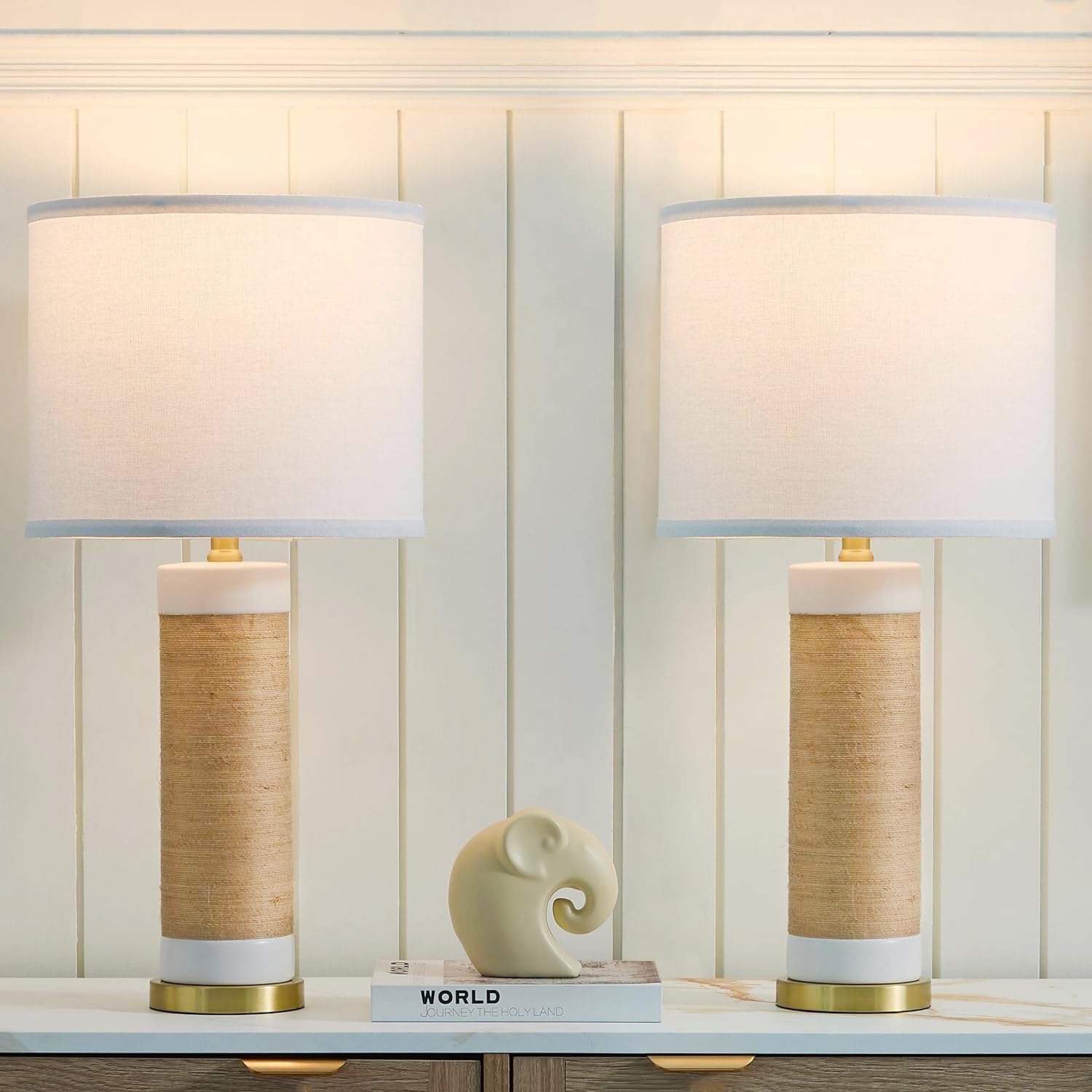 20.75" White Ceramic Lamps Set of 2 with Floral Design, Farmhouse White Table Lamp for Living Room, Bedroom, Beige Lamps for Nightstands Set of 2