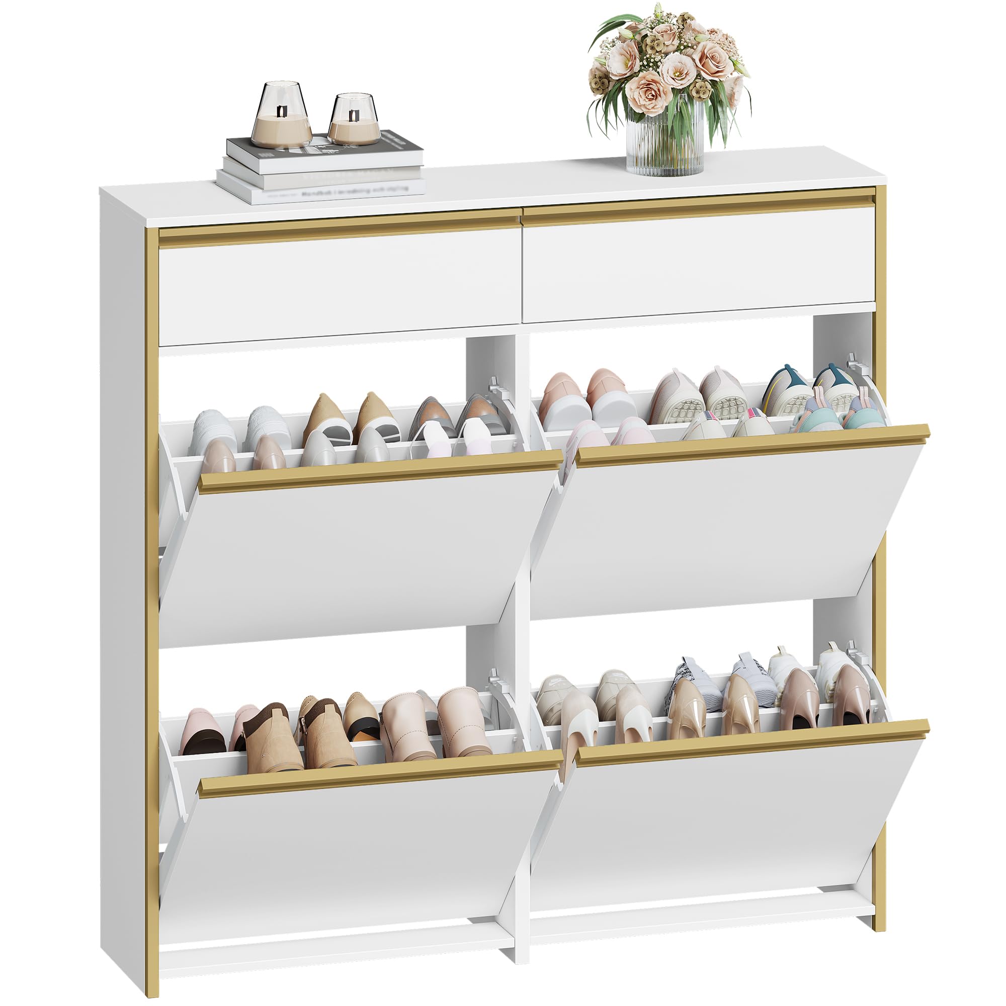 HEXCELEN Armario Zapatero Estrecho con 4 Puertas Abatibles, Zapatero con Cajón, Divisor Ajustable y Desmontable, 100 x 24 x 99 cm, para 16-24 Pares, para Pasillo, Entrada, Blanco-Dorado