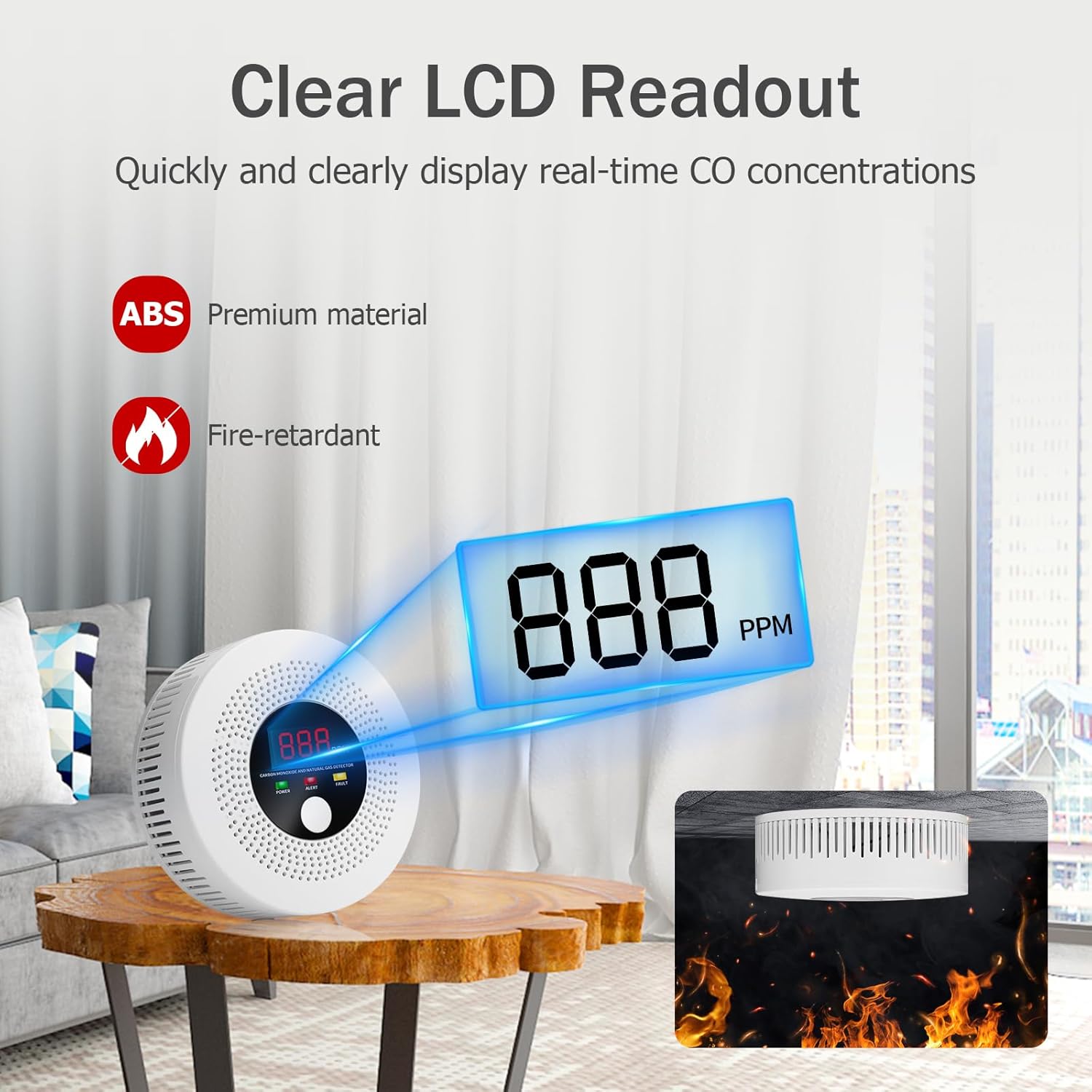 The detector displaying '888 PPM' on its clear LCD screen, highlighting its real-time CO concentration readout and fire-retardant ABS material.