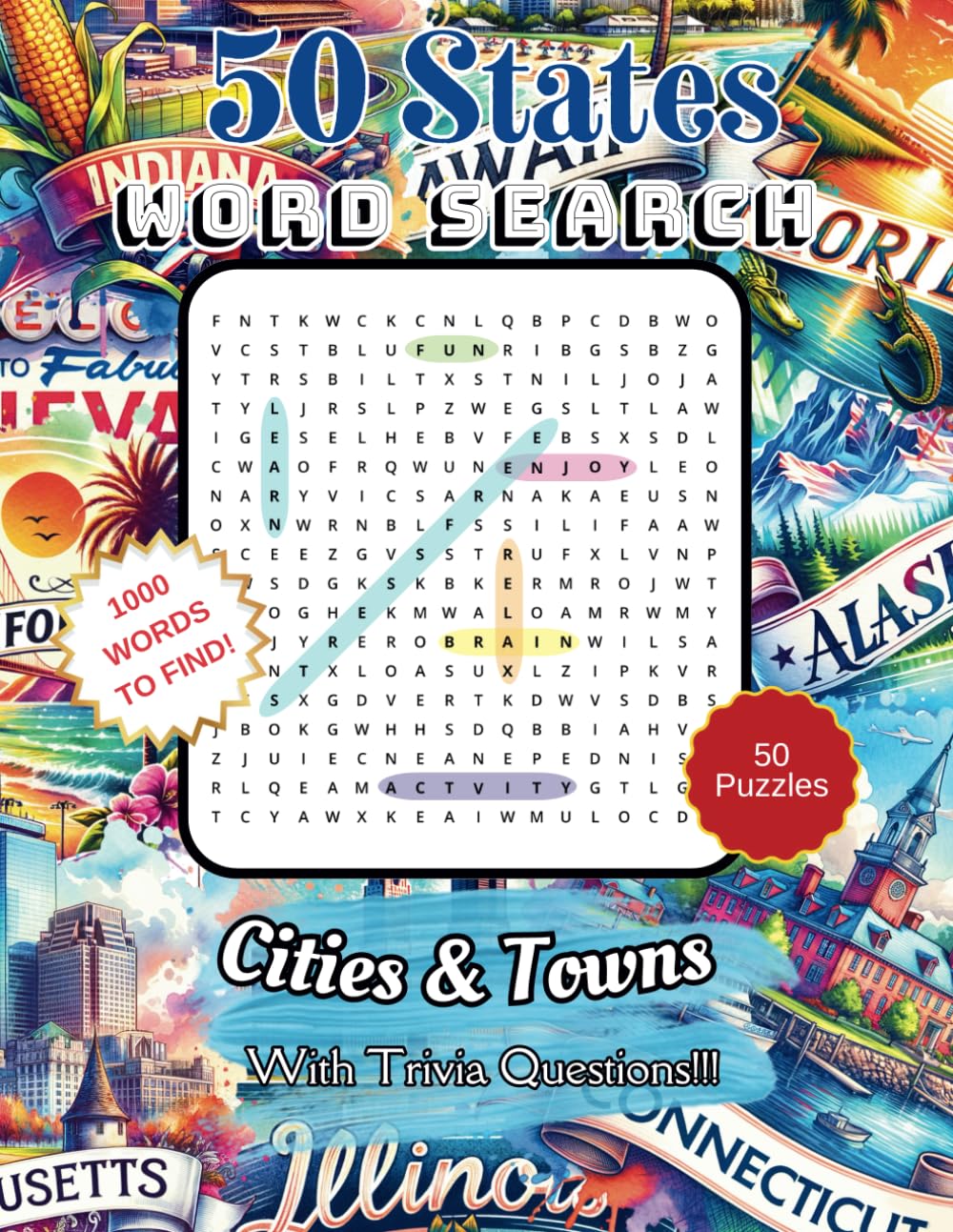 50 States Themed Word Search Book Cities & Towns A Fun