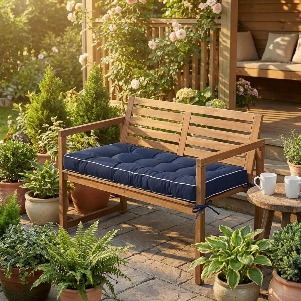 Cuscino per panca da esterno, con laccetti, resistente alle intemperie, spesso, trapuntato, per sedia da giardino, 104 x 45 x 11 cm