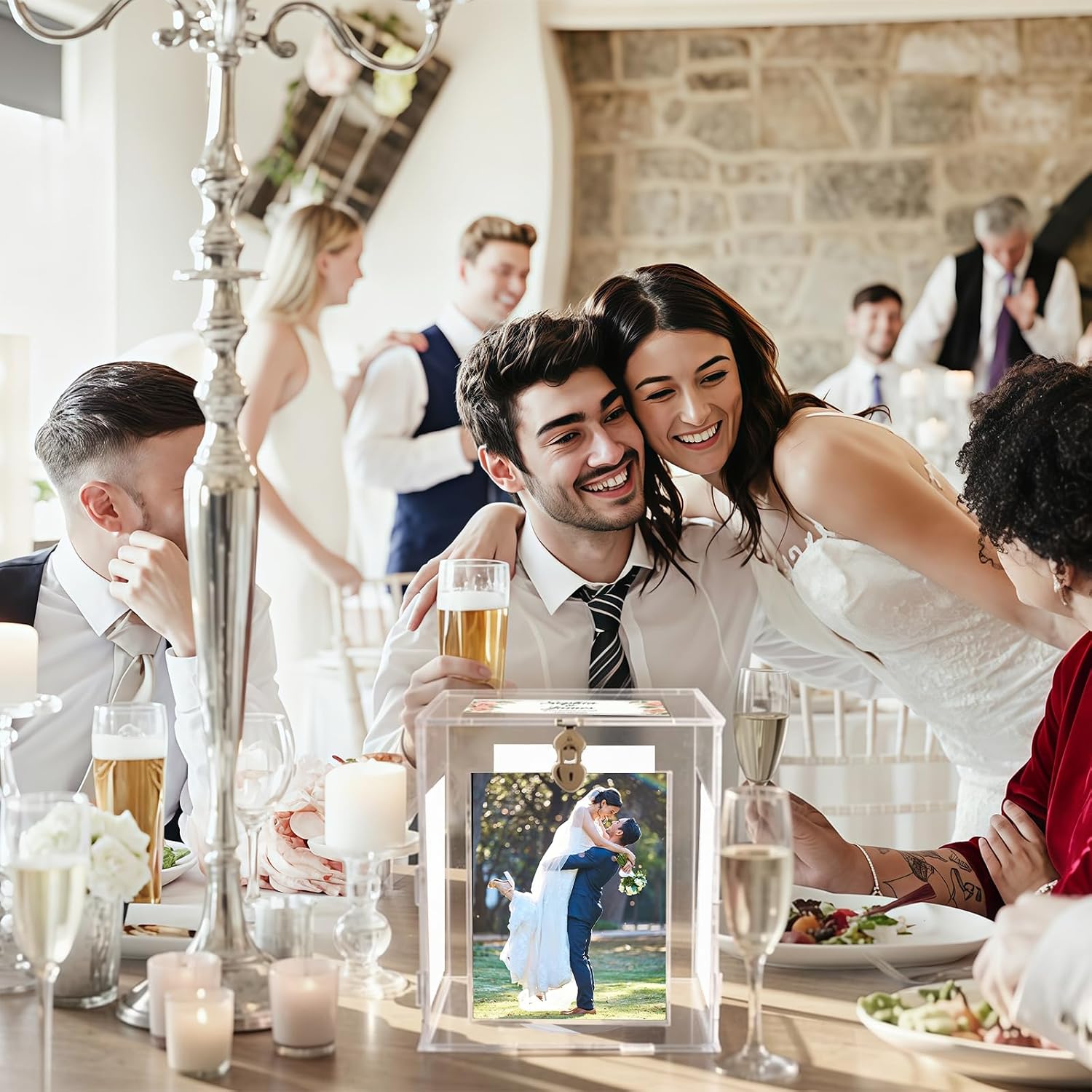 360° Rotating Acrylic Wedding Card Box with Lock, Picture Frame Display