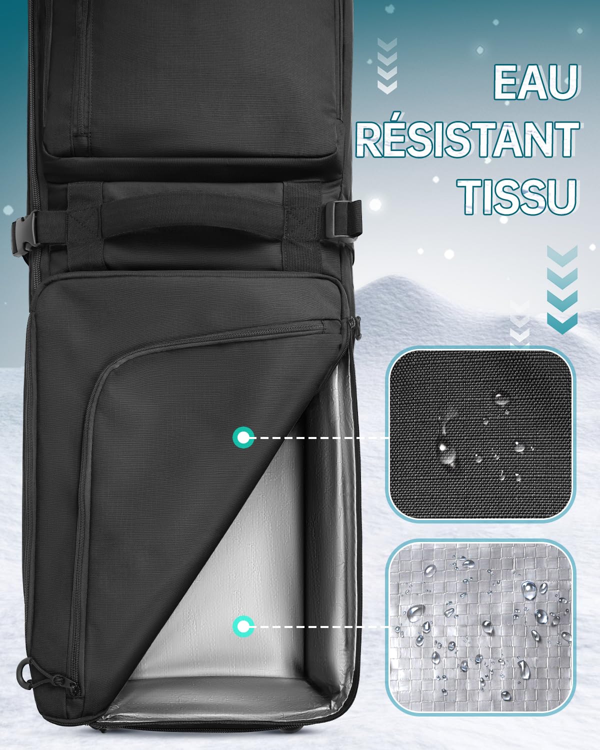 YOREPEK Housse Snowboard avec roulettes, Housse de Snowboard Longueur jusqu'à 160-175 cm, Sac Ski Extensible avec 6 Poches, Imperméable Sac de Ski Homme Femme Adulte Jeune, Cadeau, Noir，Cyan