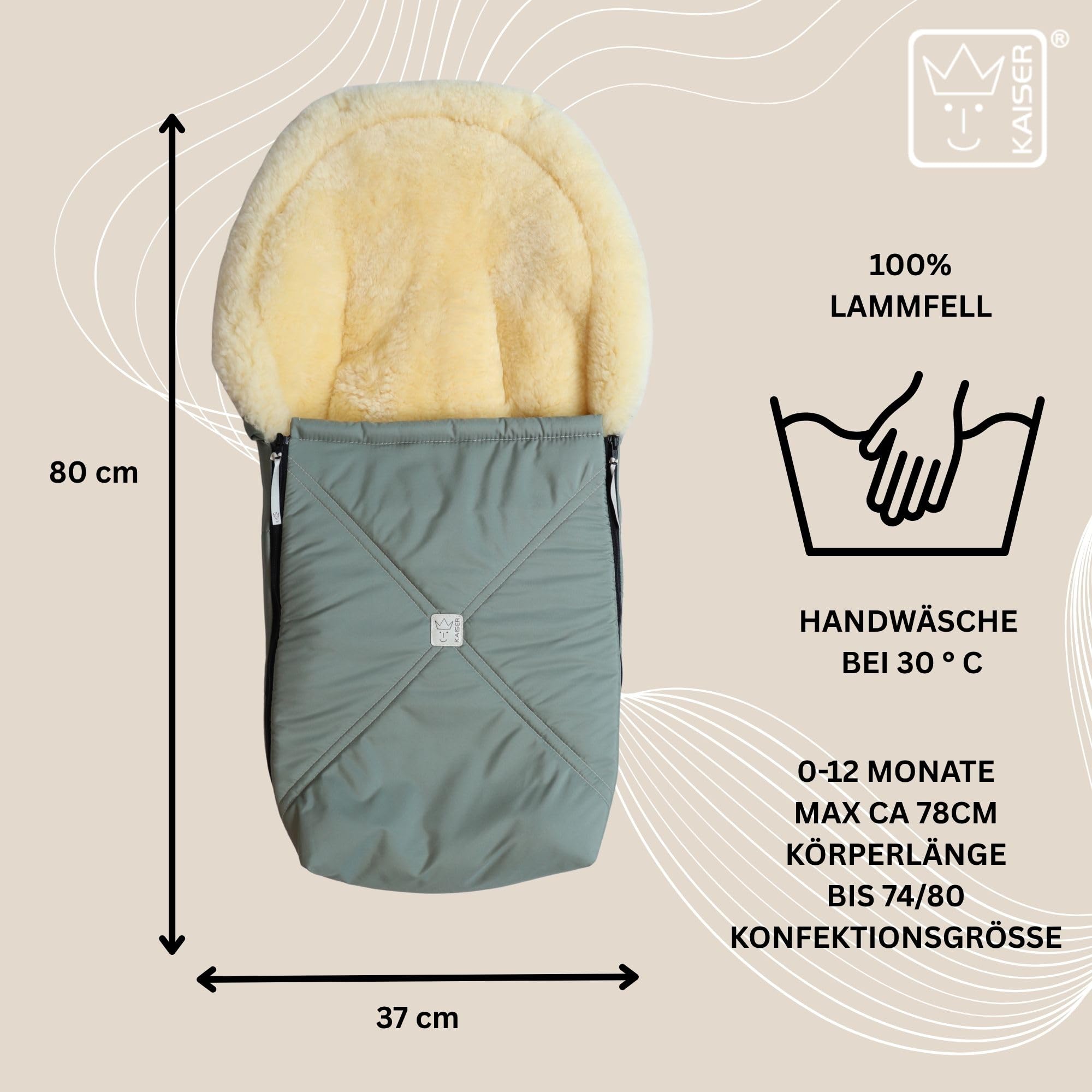 KAISER Emmy Lammfell-Fußsack für Babyschalen, 80 x 37 cm, Abnehmbares Oberteil mit 2-Wege-Reißverschluss (salbei green)