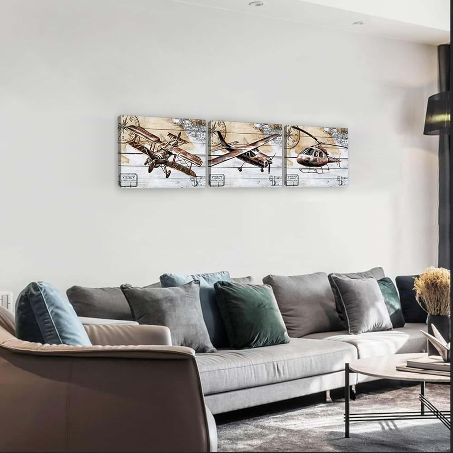 KLVOS Airplane Canvas Wall Art Retro Biplane Propeller Plane Helicopter Picture on Wood Texure Giclee Print Artwork Stretched and Framed Aircraft for Kids Boy Room Wall Decor 12x16inchx3pcs