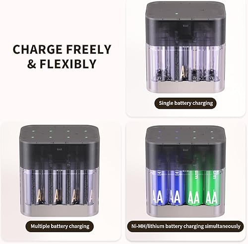 Miniatura 3 de imuto Cargador de batería AA recargable, cargador inteligente AA compatible con batería recargable de litio y NiMH, carga independiente de 8