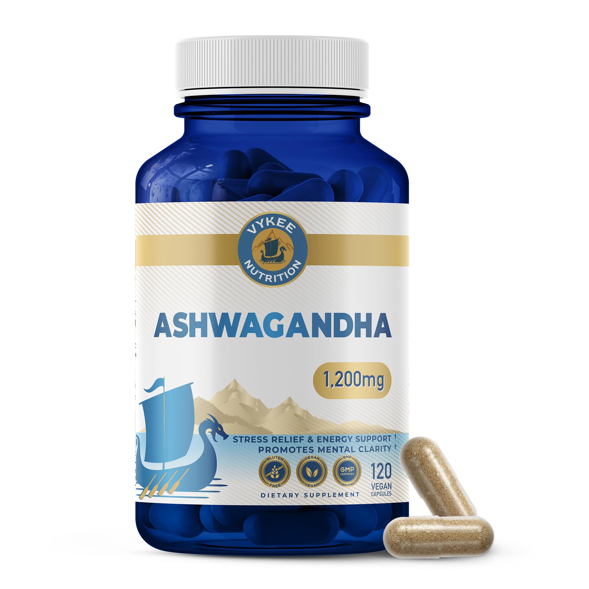 Vykee Nutrition Ashwagandha Capsules - 1,200 High Potency Herbal Supplement with Piperine for Stress, Focus, and Sleep Support - Vegan, Non-GMO,