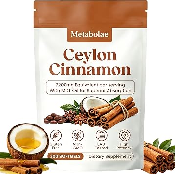Metabolae Ceylon Cinnamon Extract Capsules with MCT Oil, 300 Softgels, 121 High Potency Extract, True Cinnamon Supplements, Non-GMO & Gluten Free, Easy-to-Swallow, Vegan Friendly