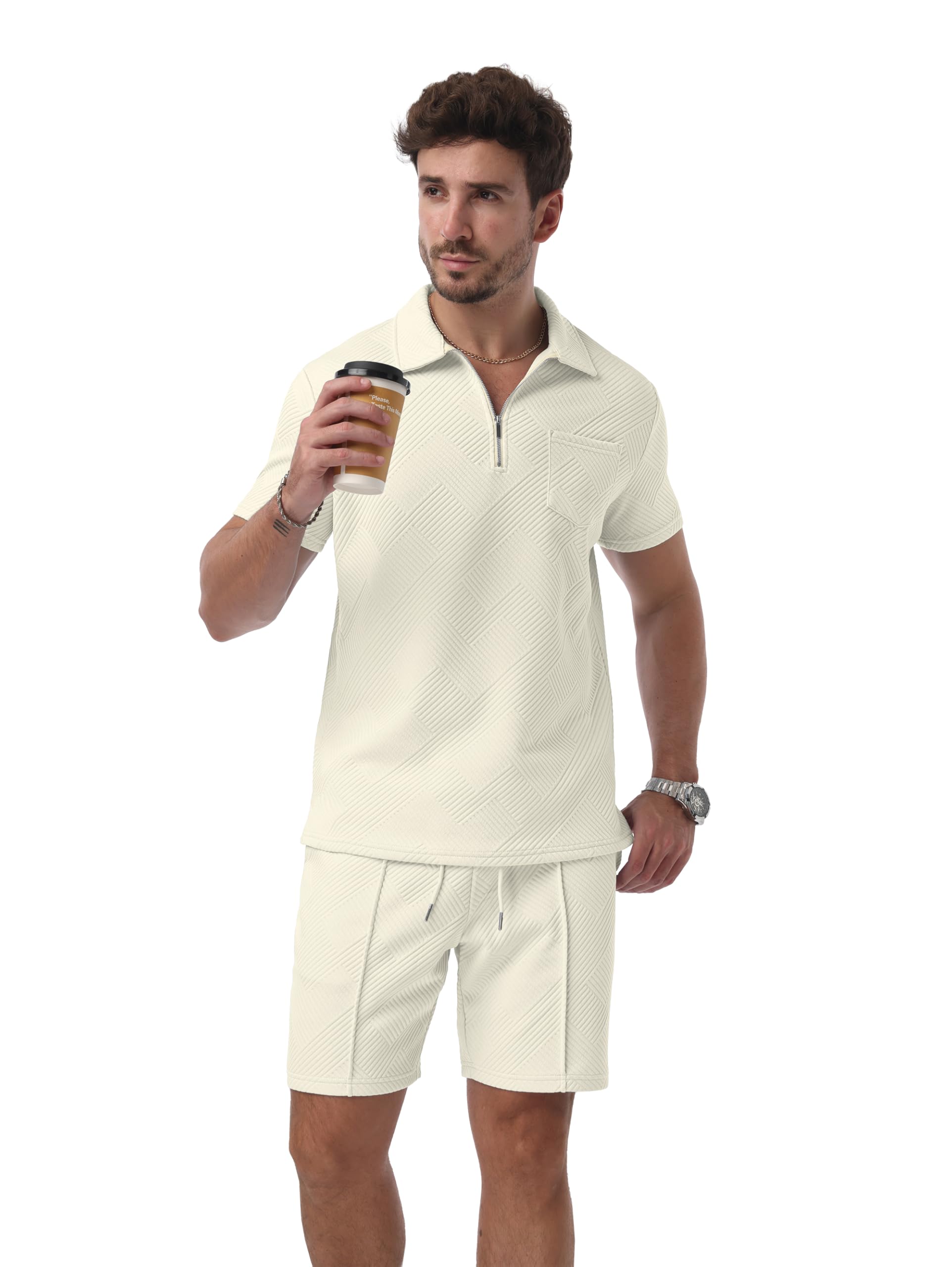 QIXING Survêtement d'été 2 pièces pour homme - Short et t-shirt avec demi-fermeture éclair - Polo à manches courtes - 2 pièces - Pour l'été