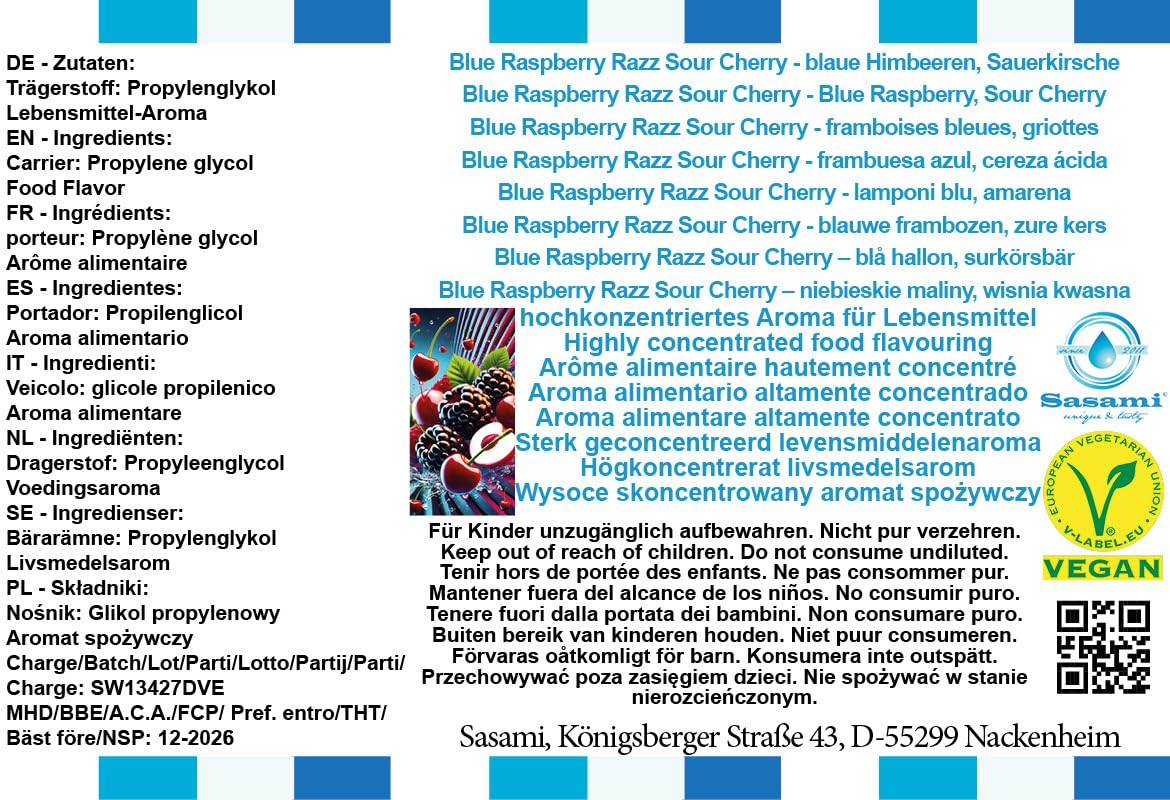 Blue Raspberry Razz Sour Cherry - frambuesa azul, cereza ácida aroma concentrado - Vegano - Sasami - 100ml