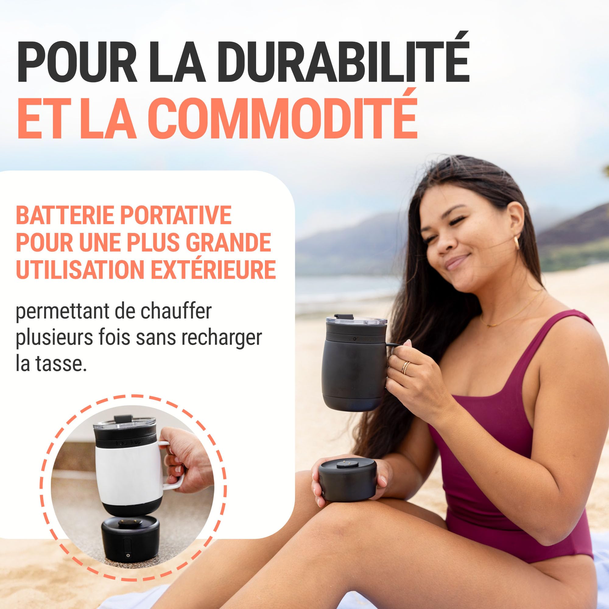 HOT KUP - Tasse de Voyage Auto-chauffante, Infusion des Boissons - Alimentation AC ou par Batterie - Blanc