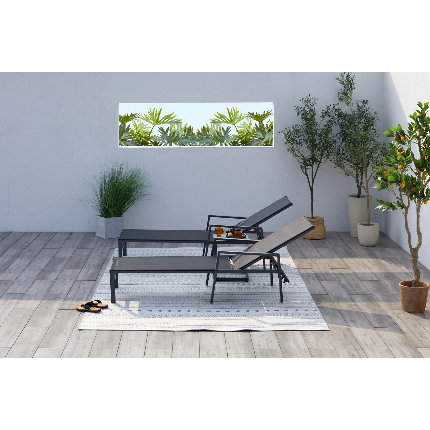 CONCEPT USINE Lot de 2 Transats Bari Noir avec Table d'Appoint Aluminium