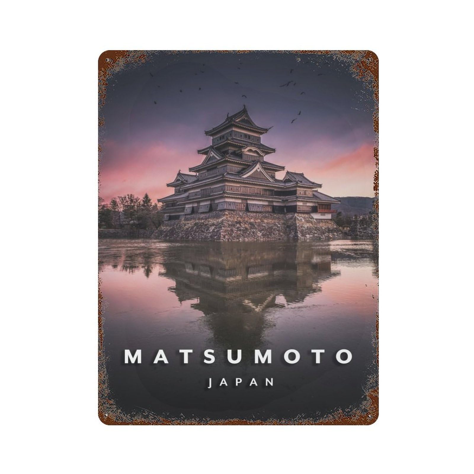 Aged Metal Wall Plaque with Frozen Matsumoto Castle Design 15.7"x11.8", for Farmhouse, Kitchen And Entryway Decor, Retro Wall Decor