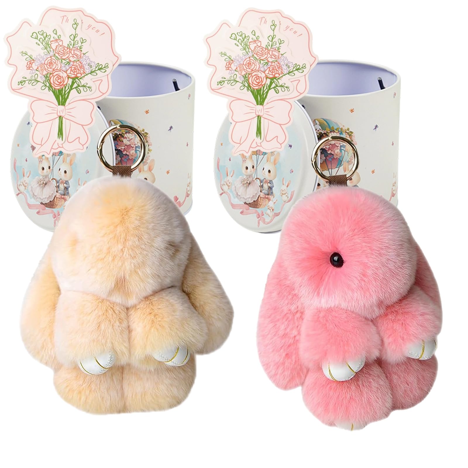 Yagerod Style10 Bunny Keychain With Tin Box, 2Pack Soft Plush Rabbit Key Ring, Cute Pompom Charm For Backpack, Handbag Ornaments (Style10)