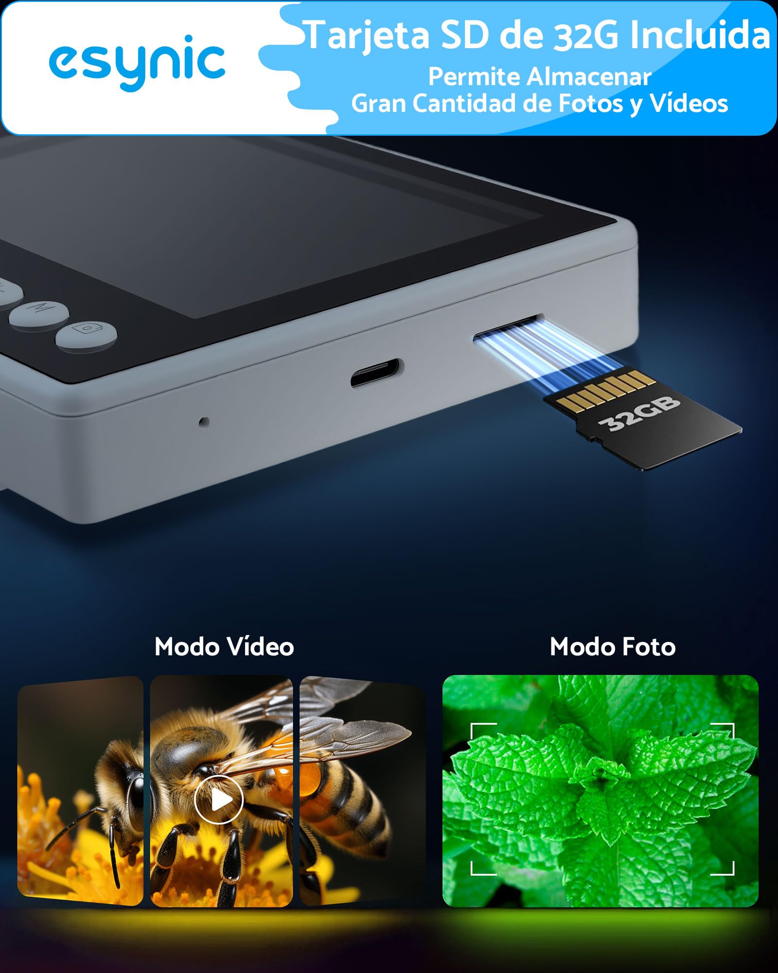 eSynic Microscopio Digital con Pantalla de 4.5'' Microscopio Portátil 1080P 5X-1000X con Luz LED Doble Soporte Ajustable Microscopio Recargable con 32GB para Reparación Soldadura PCB Monedas Educación