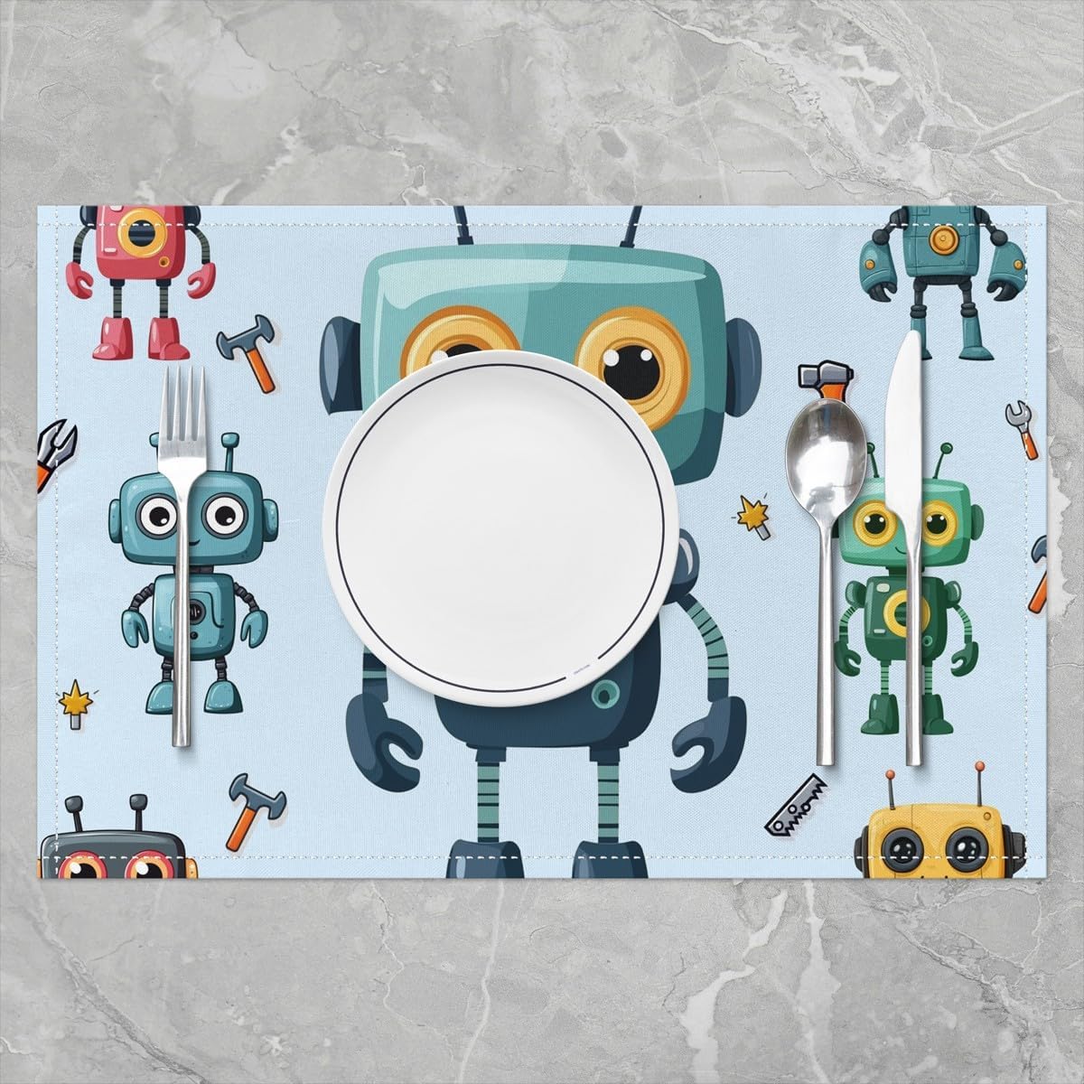 Modern Sci-Fi Robot Place Mats Cartoon Robots Colorful Placemats Construction Tools Waterproof Placemats Intelligent Machine Oil Proof Washable Placemats,12x18 Inch-Set of 4 image 2