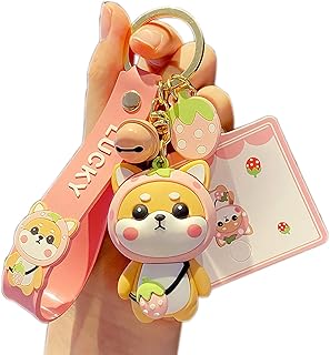 HSYHERE Men Women Boys Girls Silicone Cute PVC Shiba Inu Keychain Creative New Year Gift Bag Animal Pendant Car Key Pendant Metal Key Ring-Shiba Inu Strawberry(Pink)