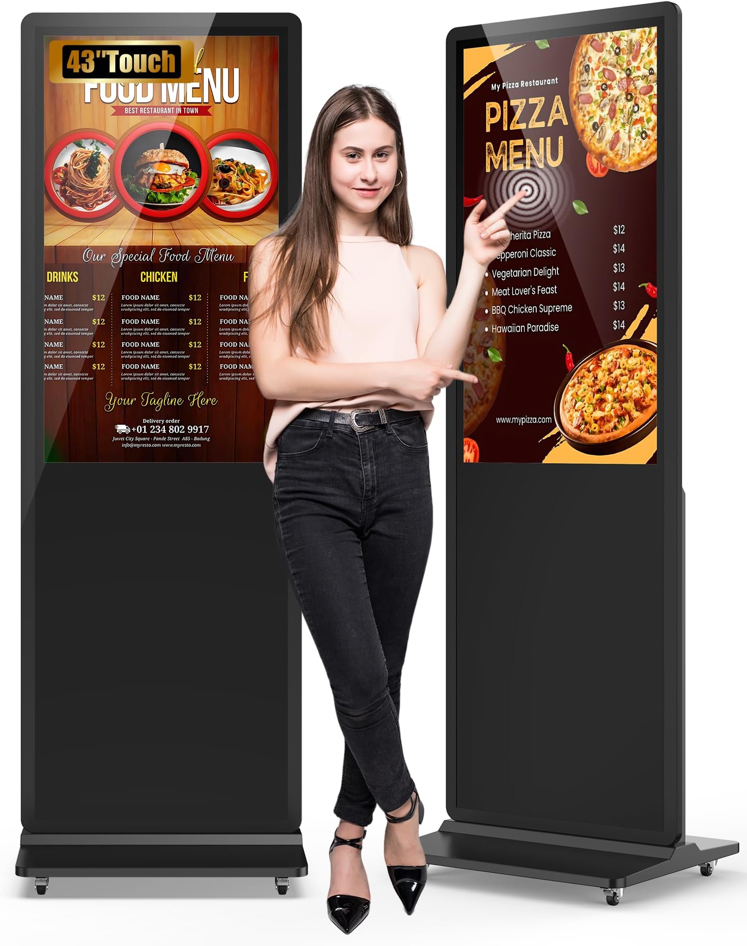 43-inch Digital Signage Display, 2K LCD Touchscreen Indoor Floor Standing Digital Kiosk, Auto Media Player Advertising Display Poster with Android OS Remote Control, HDMI/WiFi/USB