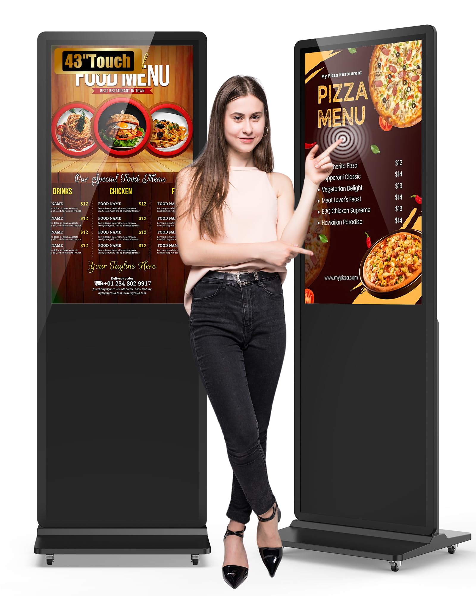 SIOXCFZ 43-inch Indoor Floor Standing Digital Signage Display, 2K Touchscreen FHD LCD Screen Android OS Kiosk Stand with 2 Speakers, Auto Media Display Advertising Player Supports Remote Control