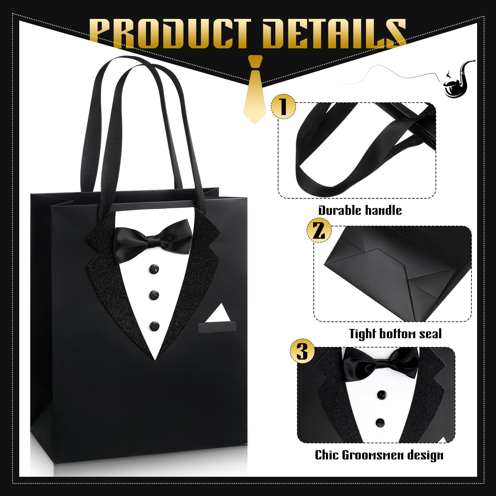 Chuangdi 8 Pcs Groomsmen Gift Bags with 3D Tuxedo Design 8 x 4.5 x 10 Inch with Handle Groomsmen Paper Gift Bags for Wedding Bachelor Birthday Party Favor Anniversary Supplies (Black)