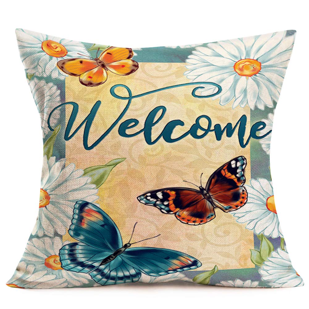 Smilyard Welcome Throw Pillow Covers Decorative Daisy Butterfly Animal Flower Farmhouse Pillows Covers Cotton Linen 18x18 Inch Watercolor Outdoor Pillowcase for Home Sofa Cushion Cover (Butterfly)