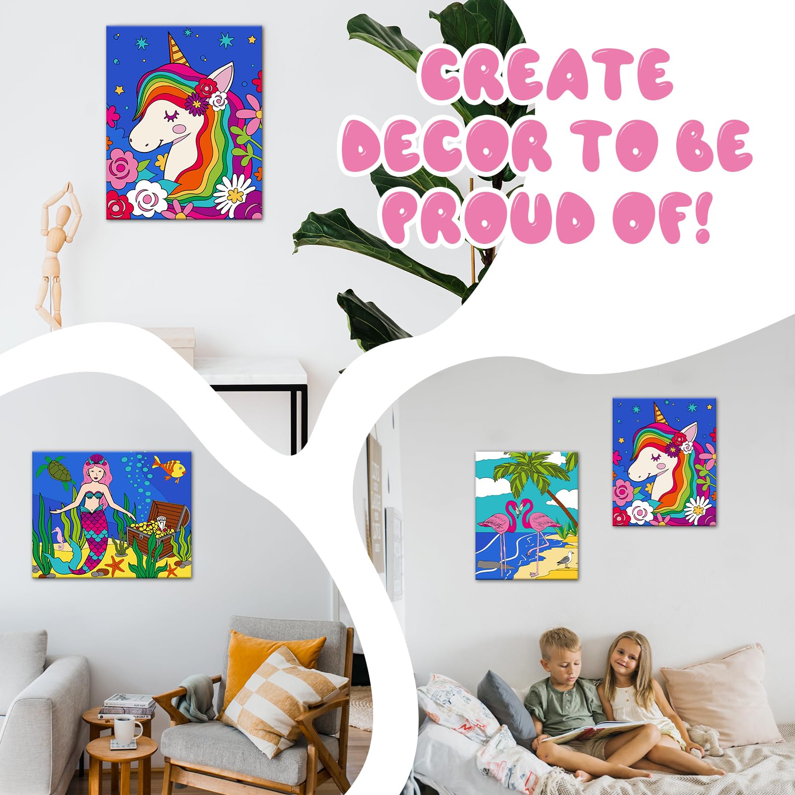 Paquete de 3 pinturas por números para niños, pintura en lienzo predibujada, incluye lienzo enmarcado de 8 x 10 pulgadas con 18 pinturas acrílicas, 5 pinceles, regalos creativos perfectos y artes y