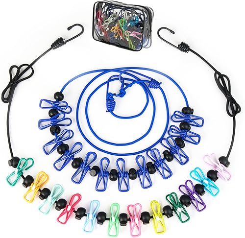 Vista 8 de Paquete de 2 tendederos portátiles para acampar para viajes con 12 clips, kit de tendedero retráctil azul resistente al viento para campamento, Azul