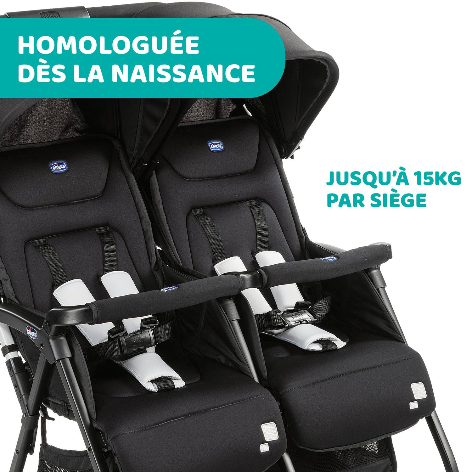 Chicco OHlalà Poussette Double Tandem Légère Pliable Jumeaux 15 kg Noir