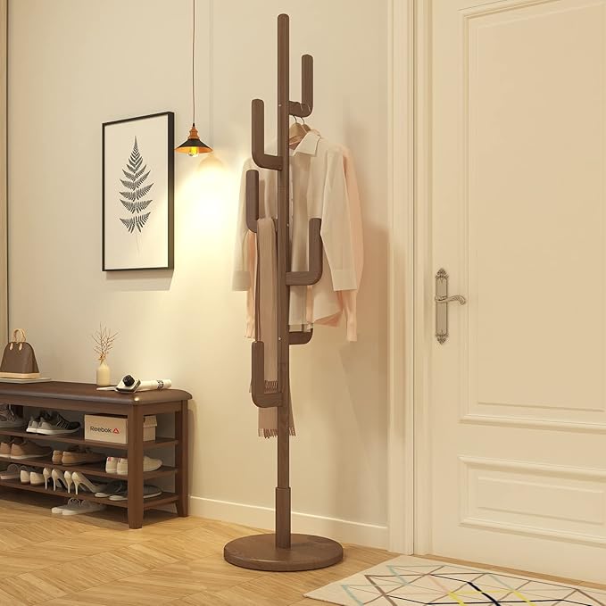KungFuWood Coat Rack, Solid Wood Cactus Coat Rack Stand, Freestanding Coat Rack with 6 L-shaped Hooks and 3 Adjustable Sizes, Sturdy and Easy to Assemble Coat Tree for Entryway, Bedroom (Walnut)