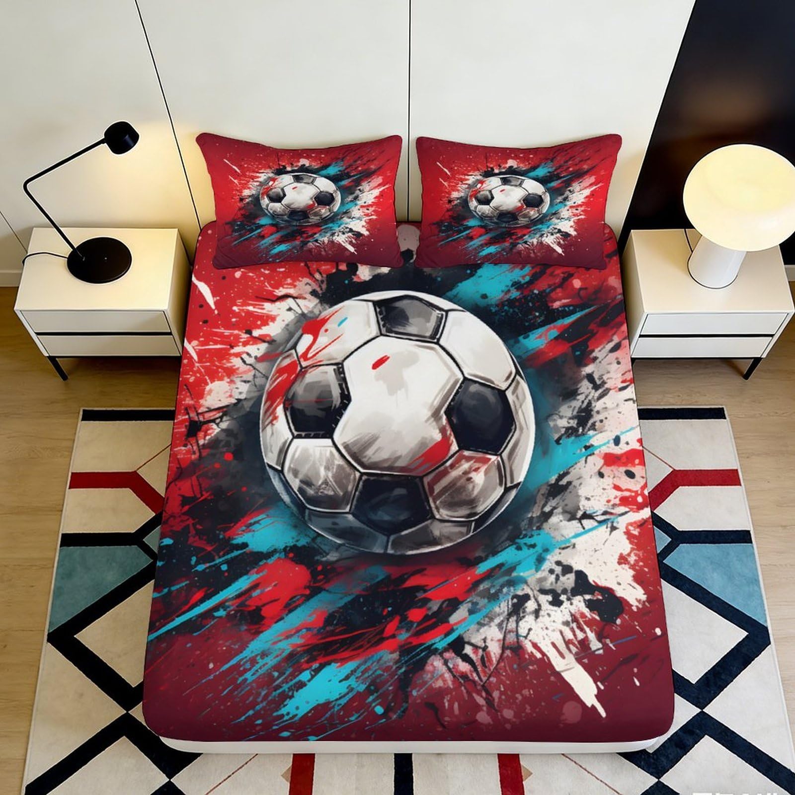 Uxinyoume Style-9 3D Printed Graffiti Soccer Fitted Sheet Microfiber Soft Red Splash Football Bed Cover For Bedroom Dorm Mattress Decor 90X200x25cm