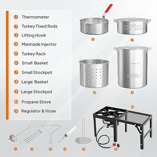 Miniatura 5 de Kit de freidora de pavo ROVSUN de 30QT y freidora de pescado de 10QT con estufa de propano de 54000BTU y mesa lateral plegable, olla de freidora