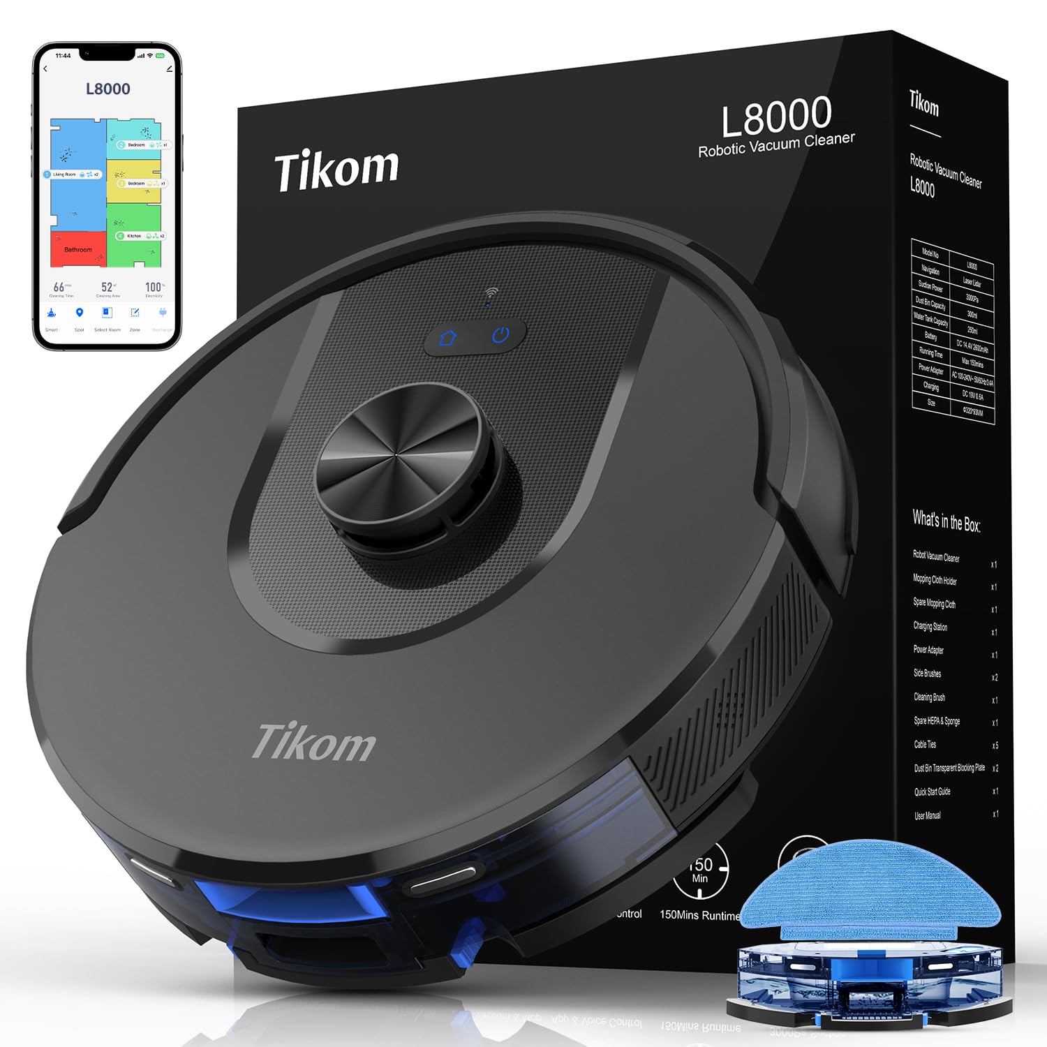 Tikom Robot Vacuum and Mop Combo, L8000 Laser LiDAR Navigation Robotic Vacuum, 3000Pa Suction, 150Mins Max, 14 No-Go Zones, 20 Virtual Walls, Self-Charging, Wi-Fi, Ideal for Pet Hair, Hard Floor