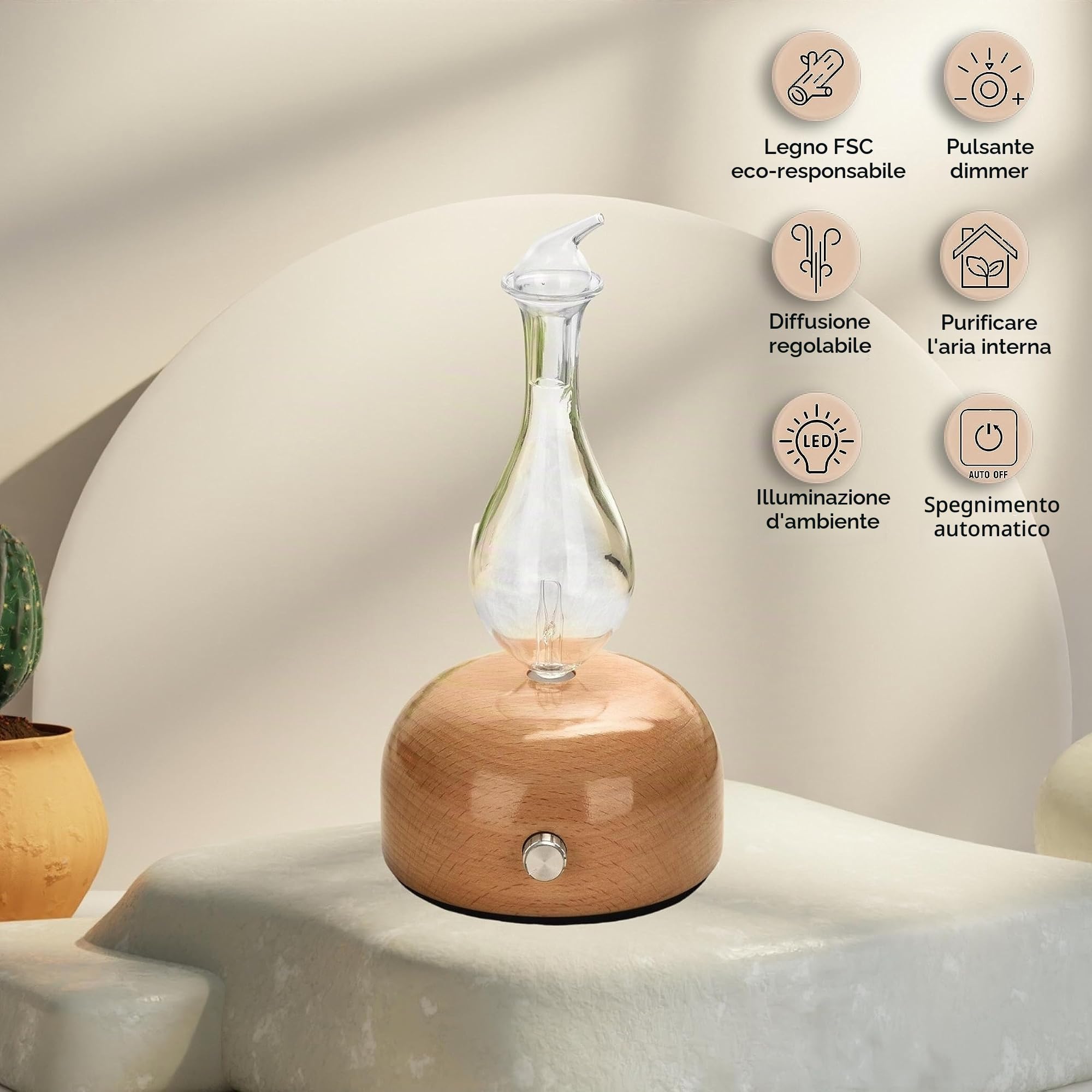 Zen'Arôme Diffusore di oli essenziali tramite nebulizzazione programmabile Aurora-intensità regolabile (fino a 100 m²) e illuminazione a LED-Diffusione a Freddo per Aromaterapia, Timer, Legno, Vetro