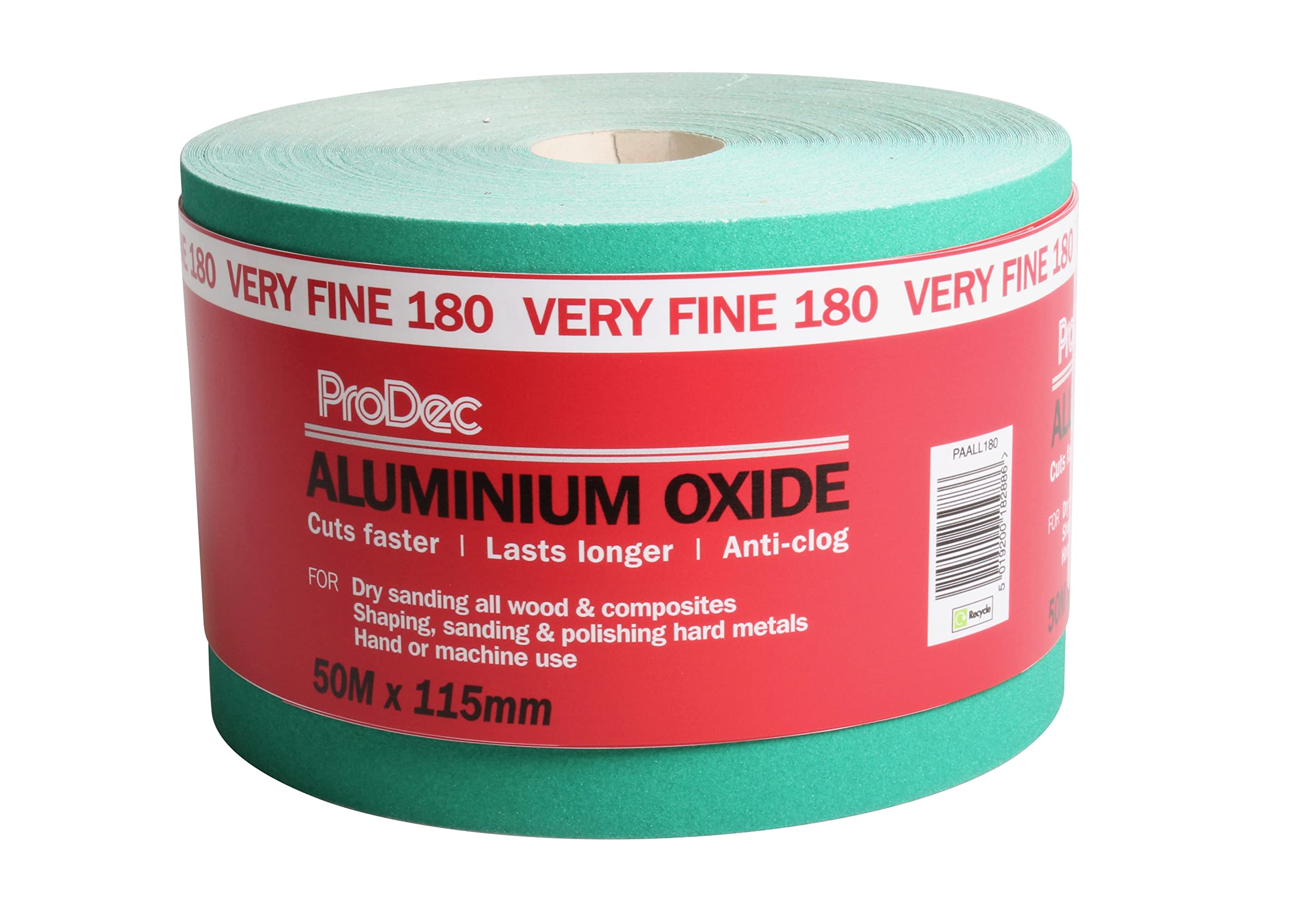 Prodec Green 50M Roll 180 Grit Very Fine Grade Aluminium Oxide Abrasive Sanding Paper Sanding Wood, Paint, Plaster, Filler, Metal And More, 115Mm Wide Sandpaper Compatible With Machine Sanders