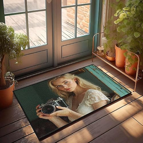 Felpudo para puerta de otoño al aire libre, una mujer sosteniendo una cámara vieja, felpudo en casa, bar, accesorios para hombre cueva (19.7 x 31.5