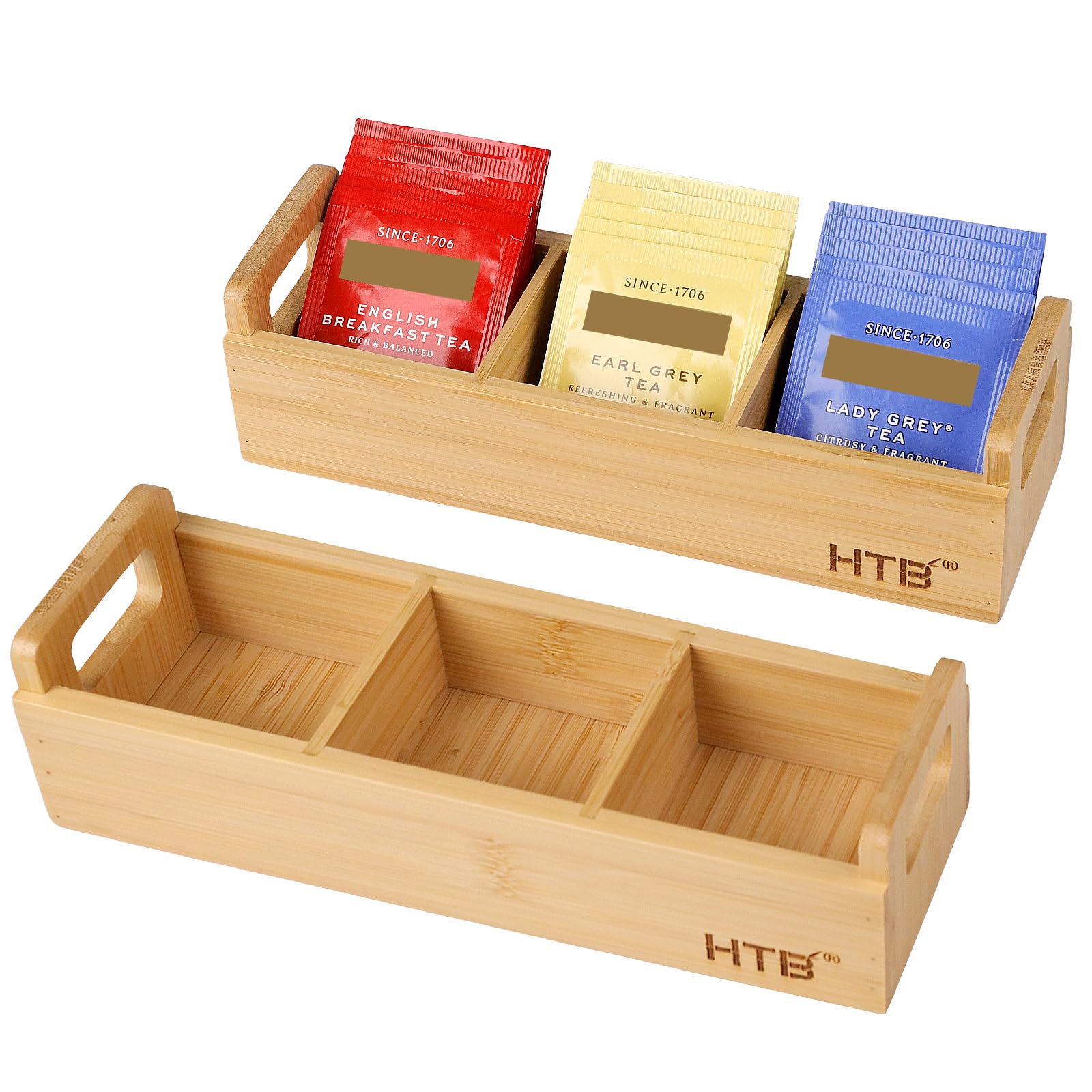 HTB Small Bamboo Tea Bag Holder Pack of 2 with 3 Compartments