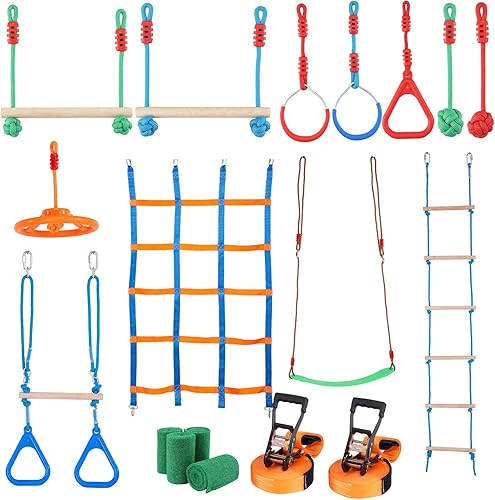 Miniatura 10 de VEVOR Carrera de obstáculos Ninja Warrior para niños, 2 x 50 pies resistentes a la intemperie, línea de mono de capacidad de peso de 500 libras,