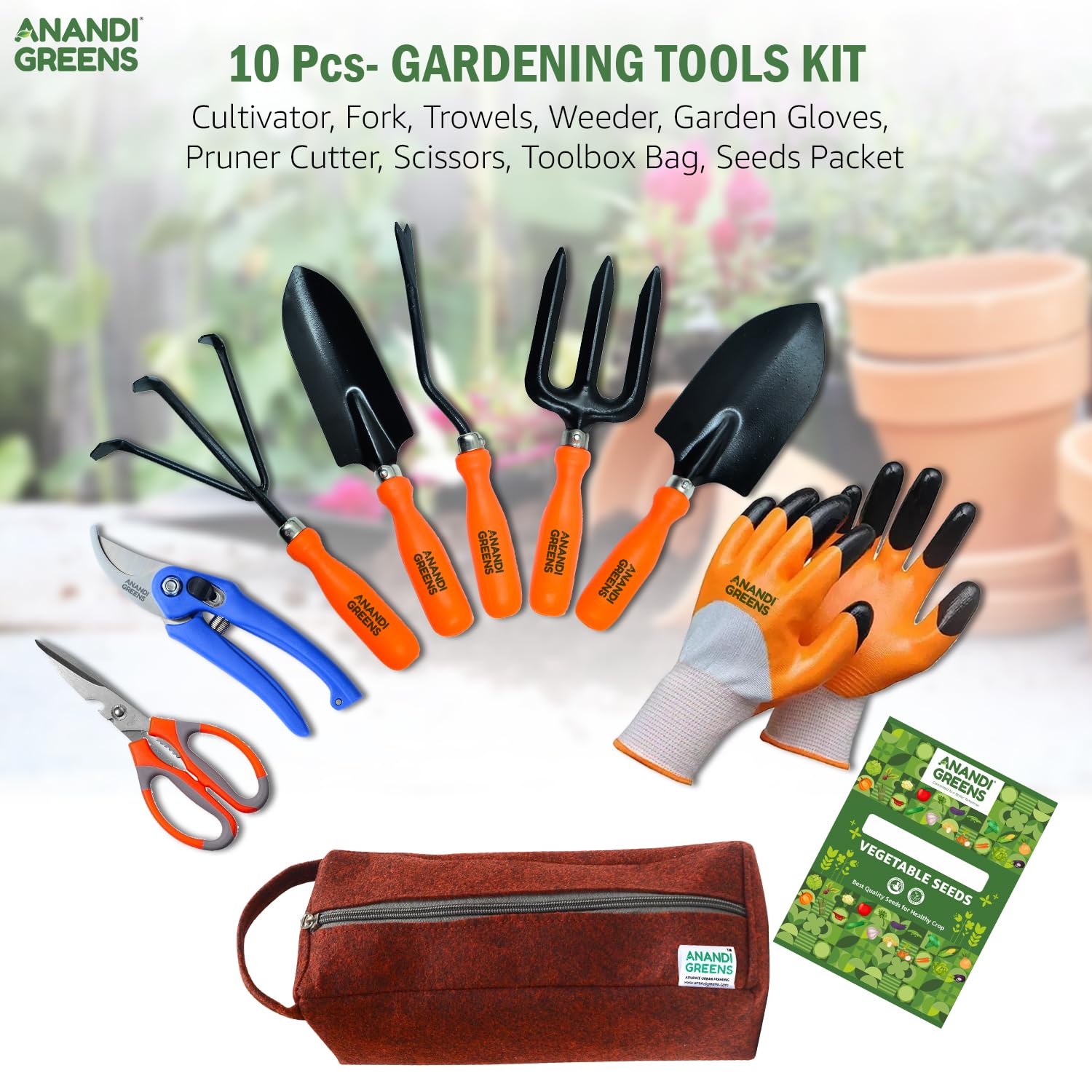 Anandi Green's Metal Agriculture Gardening Tools Kit-10 Pcs (Cultivator, Fork, Trowels, Weeder, Garden Gloves, Pruner Cutter, Scissors, Seeds Packet, Tool packet) | Gardening Tools Set For Home Garden 1