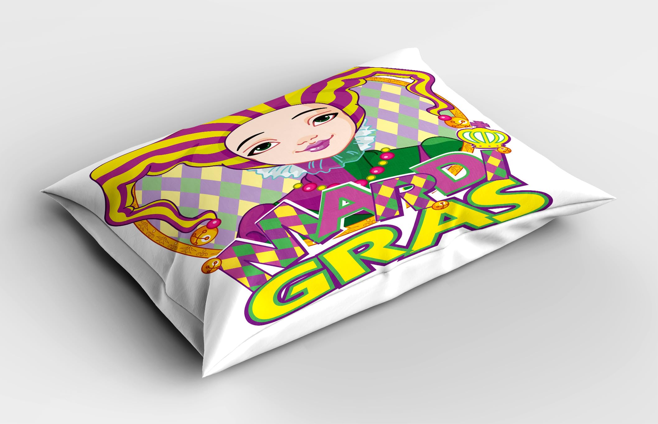 Ambesonne Mardi Gras Pillow Sham Set of 2, Carnival Girl in Harlequin Costume and Hat Cartoon Fat Tuesday Theme, Quality Microfiber Bedding Item for All Seasons, 26