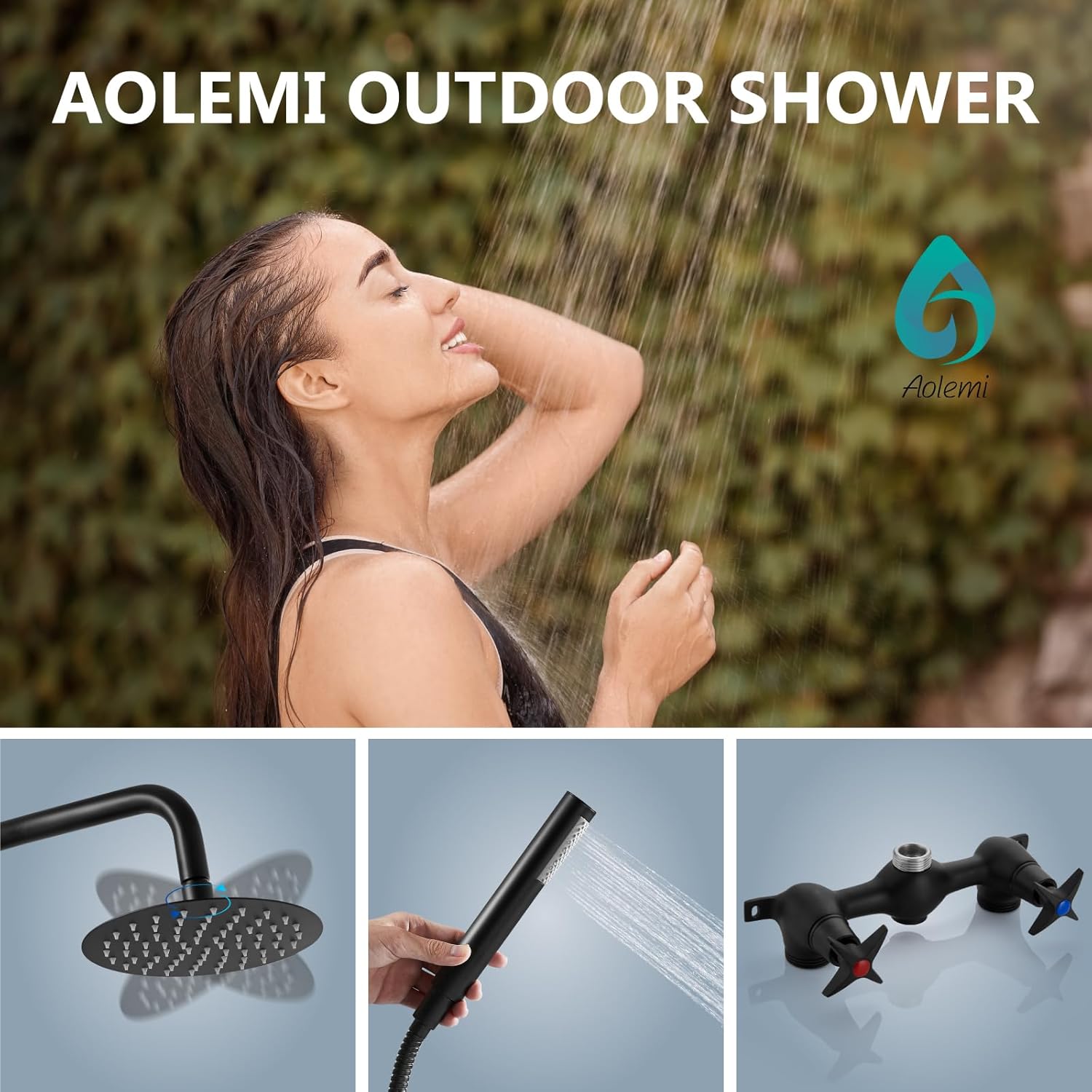 Aolemi Outdoor Shower Kit Outdoor Shower Fixtures Faucet System 2 Handle with 8 Inch Rainfall Shower Head and Handheld Sprayer Exposed Shower with Adjustable Height Shower Pipe Matte Black - Image 2