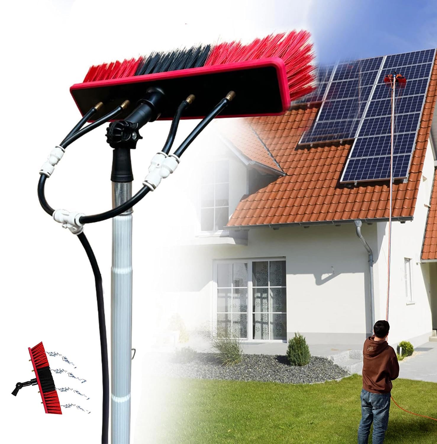 GYEQXKT Adjustable 9m Solar Panel Cleaning Brush with Water Pole - High Reach Window Cleaning Kit for Solar Panels - Efficient Solar Maintenance Tool